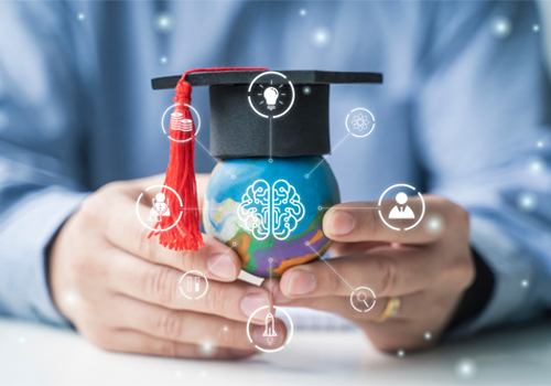 graphic image of globe with a diploma showing connectivity over a man's hands
